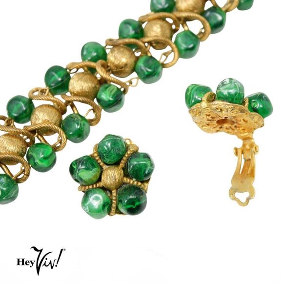 Vintage Bracelet Green Gold Beads w Clip On Earrings Ornate Design - Hey Viv - Picture 4 of 7